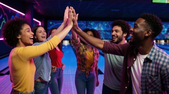 Group of diverse multiracial friends celebrate success at bowling alley. Young happy people give high five together in neon lit club. Smiling men, women enjoy fun social outing, cheering during game