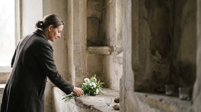 Woman places flowers on a memorial ledge in an old building
