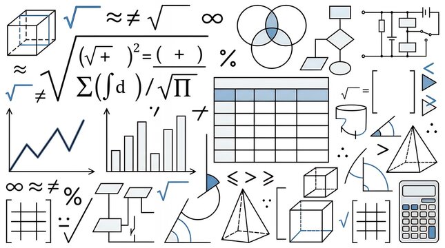 Mathematical symbols and calculation formulas arranged alongside educational graphics and technical diagrams mathematics math formula equation square root graph chart diagram schedule calculator
