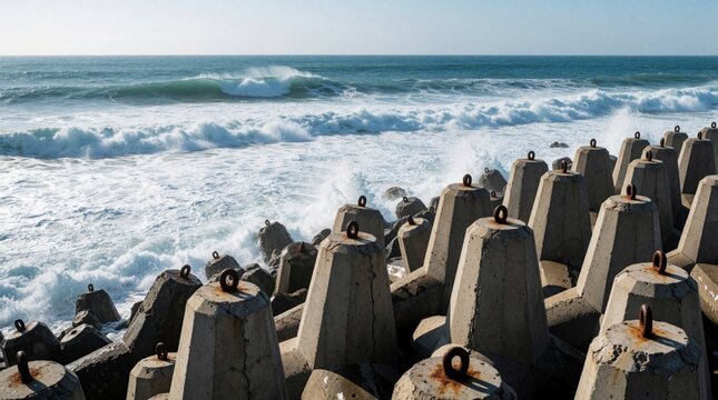 Concrete tetrapod wave breakers protect coastline from ocean waves. Massive gray sea barriers stand on shore against blue water. Large storm breakers prevent coastal erosion during heavy surf.
