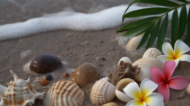Shells and Plumeria on Tropical Beach 4K Generative AI