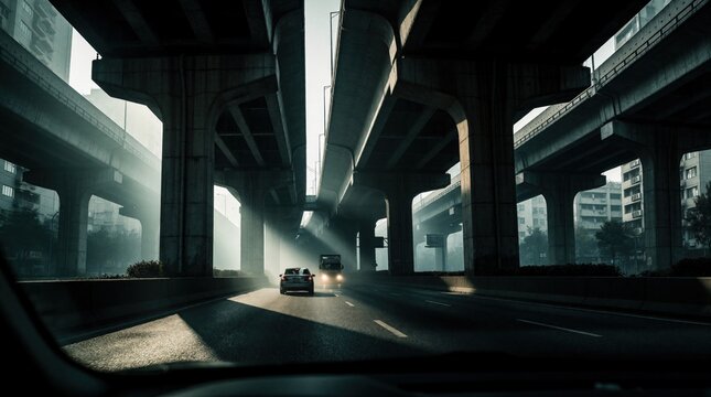 Car drives through urban highway underpass under massive concrete pillars. Modern cityscape with elevated road structures, street lights. Cinematic lighting creates shadows on asphalt road during