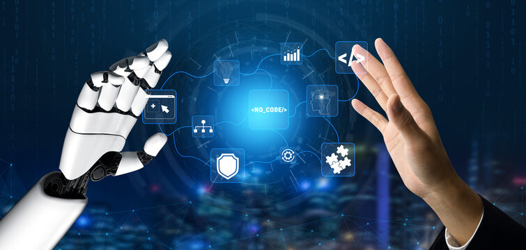 Human and Robot Interaction with Futuristic Technology Interface and Digital Elements Representing Automation and Innovation Quark.