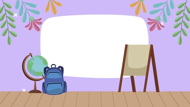 Educational background template with globe, school backpack, and board on purple background