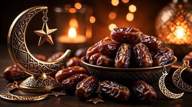 Golden crescent moon, star ornament sits near bowl of sweet dried dates. Ramadan still life with warm candle light, lantern in dark background. Islamic religious food for iftar suhoor meal during