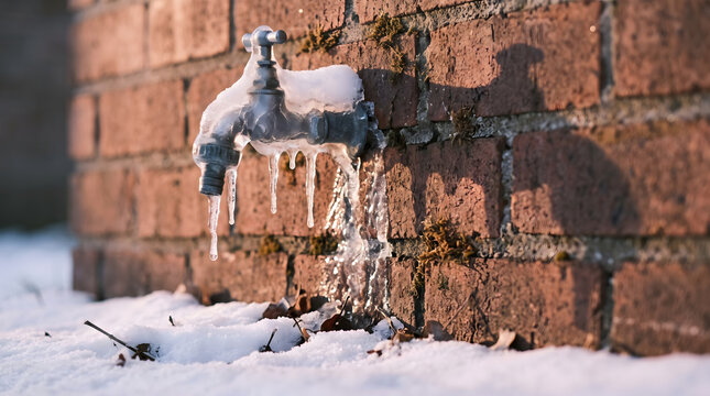 Frozen outdoor tap with icicles on brick wall