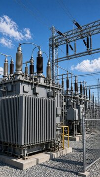 Sous-station &eacute;lectrique &agrave; haute tension avec transformateurs de puissance sous un ciel bleu