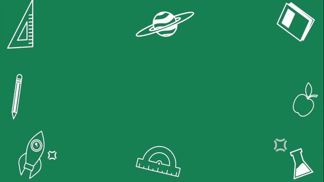 School supplies and science icons frame on green chalkboard animation