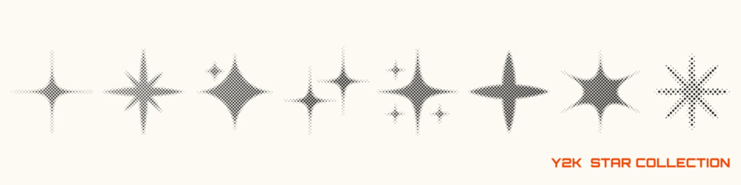 Y2k star halftone effect element set with retro sparkling geometric shapes