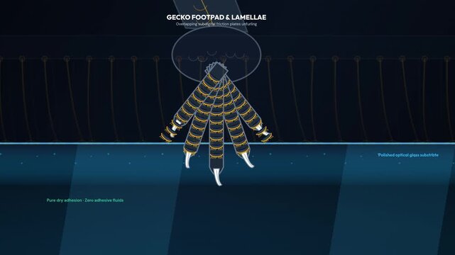 Gecko Footpad Van Der Waals Dispersion Forces 2D Animation Multiscale Adhesion Continuum Keratin Setae Forest Nanoscale Spatula Canopy And Directional Shear Peel Mechanism London Dispersion Dynamics