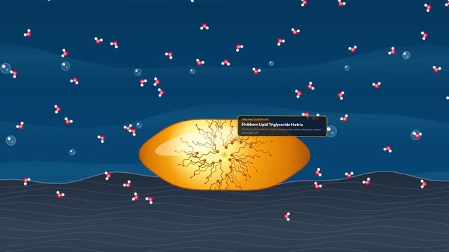 Micelle Formation 2D Animation Molecular Self-Assembly Of Surfactants Around Lipid Triglyceride Matrix In Aqueous Emulsion Rinse Down Interfacial Wetting Process And Colloidal Aggregate Dynamics