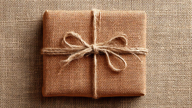 Rustic burlap wrapped package with twine bow on textured fabric background, top view of a natural gift presentation