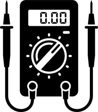 Digital multimeter icon with test probes, electronic measurement tool for voltage, current, and resistance, black and white vector