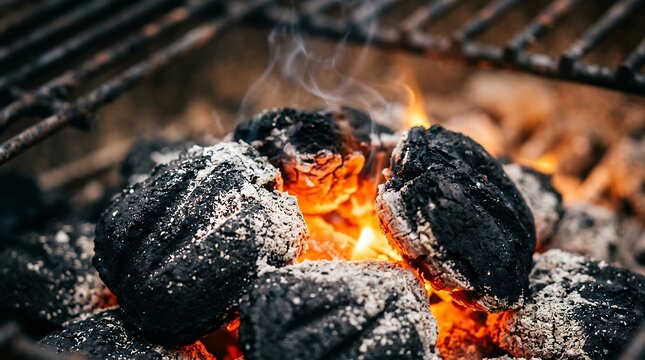 Extreme macro close uphot burning black charcoal briquettes with bright glowing orange red fiery embers smoking ash texture barbecue grill fire backdrop warmth combustion energy concept