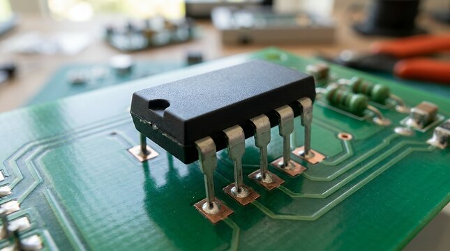 Electronic integrated circuit dual inline package eight pin semductor microchip component for printed circuit board hardware engineering computer technology automation microelectronics