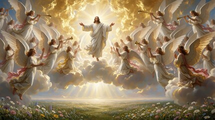 Obraz na płótnie Canvas Jesus Christ returns in glory among many angels in heaven. Divine light shines from clouds above blooming flower meadow. Angels blow golden trumpets to announce second coming of savior. Majestic