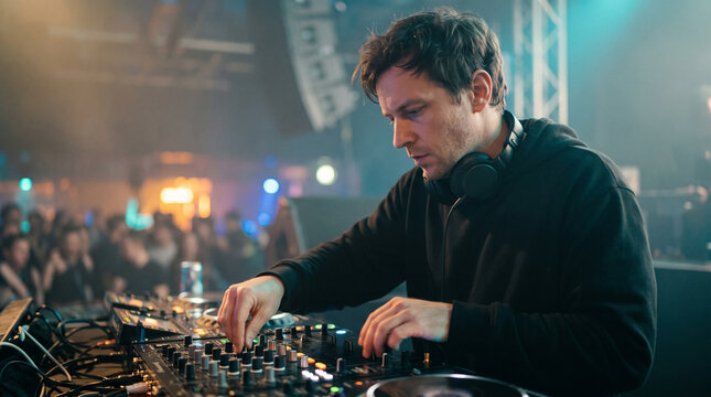professional music producer performing live DJ set on mixing board