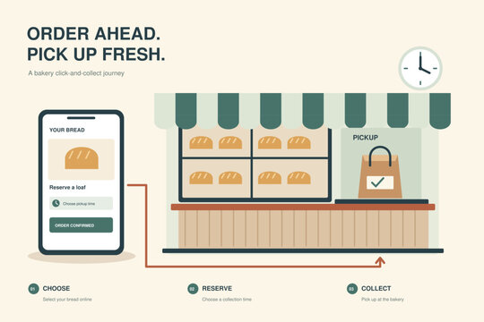 Bakery click and collect journey with online bread order and pickup counter