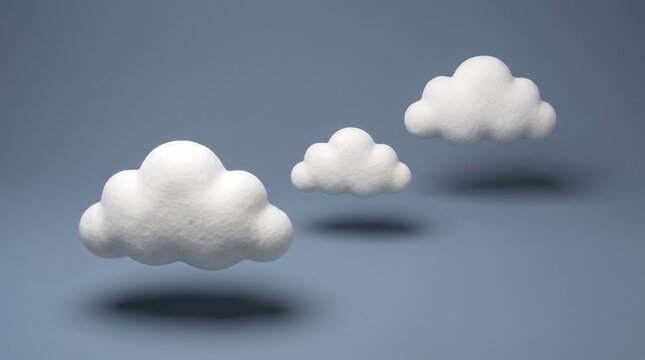 Three cute fluffy white 3d clouds floating in a row against a soft grey background for weather and technology design concepts
