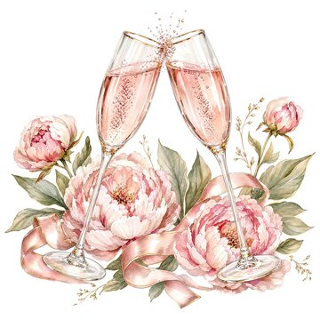 Pink Sparkling Wine Glasses Clinking Among Blush Peonies