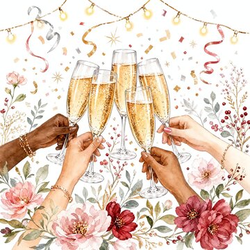 Raised Glasses Of Sparkling Cider Under Glowing String Lights