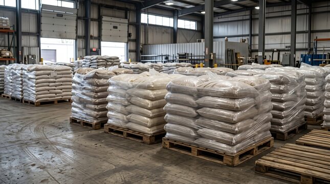Bagged Plastic Granules On Pallets In A Steel Warehouse