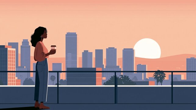 Woman with coffee on rooftop overlooking city skyline at sunset