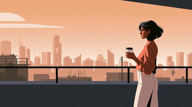 Woman with coffee on rooftop overlooking city skyline