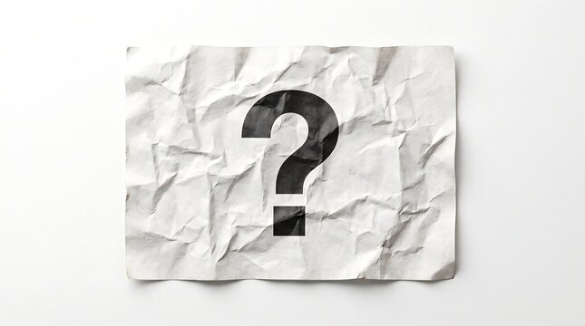 A single black question mark printed on a piece of white paper that has been crumpled and then flattened out again