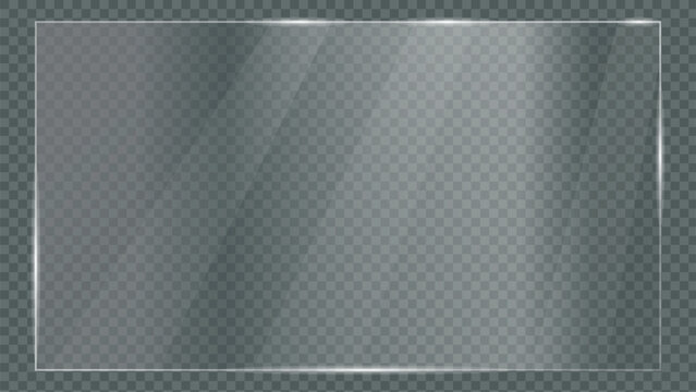 Realistic rectangular clear glass panel vector with edge highlights and light glare reflection