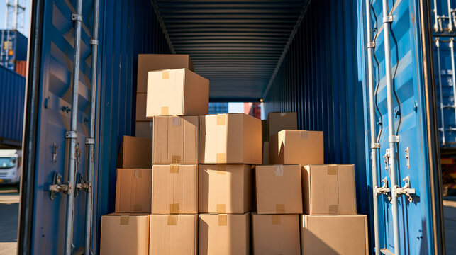 Shipping container interior loaded with cardboard boxes, ready for transportation in a distribution warehouse, with copy space