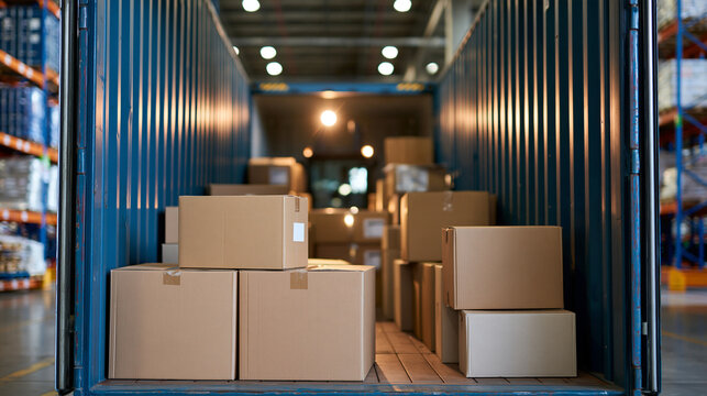 Shipping container interior loaded with cardboard boxes, ready for transportation in a distribution warehouse, with copy space