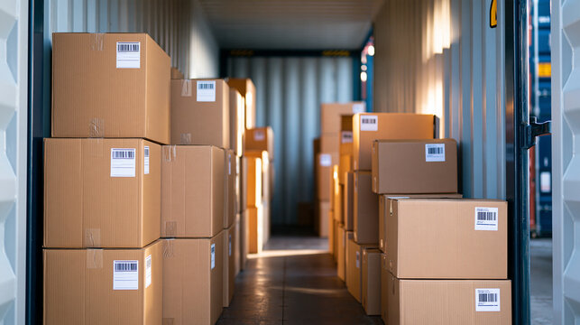 Shipping container interior loaded with cardboard boxes, ready for transportation in a distribution warehouse, with copy space