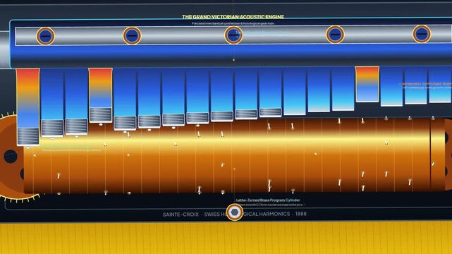 Detailed technical animation of a grand Victorian acoustic engine and harmonic music box mechanism, illustrating the engineering and physics of cylinder, pins, and comb for sound generation