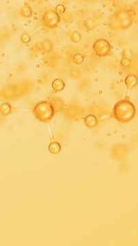 3D golden glass molecules with bonded spheres. Cosmetic collagen serum, essence oil, vitamin, hyaluronic acid for skin care. Healthcare concept loop animation. Vertical Video.