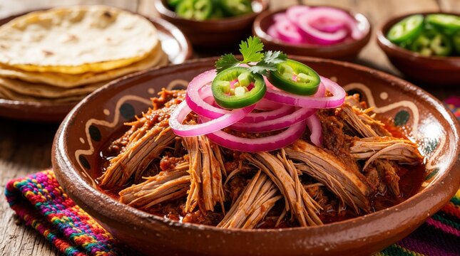 Authentic Mexican cochinita pibil dish with shredded pork in red sauce. Tasty meat topped with pink onion rings, sliced jalapeno peppers in clay bowl. Traditional meal served with warm corn