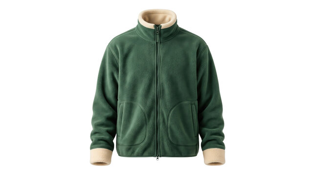 Cozy forest green fleece jacket with cream sherpa lining, a warm and comfortable outerwear garment for winter and outdoor activities, soft textured apparel for cold weather.