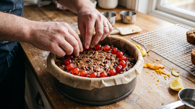 A baker decorates a raw fruitcake with red candied cherries inside a parchment lined pan.