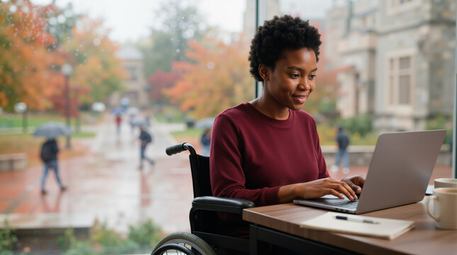 Smiling Black woman in a wheelchair using a laptop. Young African American female student studying at a desk by a window. Rainy autumn day on college campus with accessibility and education concept