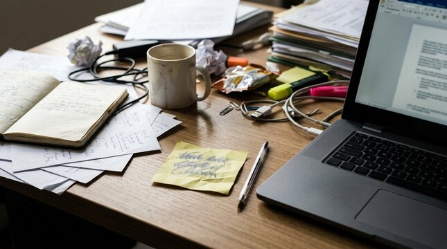 Sticky note with blurred scribble beside laptop on messy desk, weak password habits and security risk