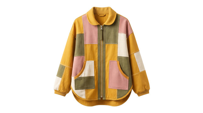 Stylish patchwork fleece jacket, a cozy and colorful outerwear garment. Modern casual fashion apparel, perfect for autumn and winter warmth. Comfortable, trendy, and versatile clothing.
