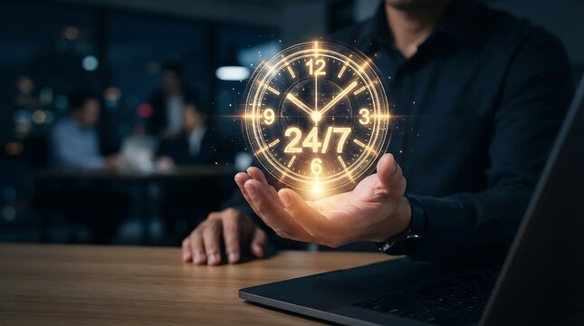 Businessman holding a glowing digital clock hologram representing twenty four seven availability and constant business support services
