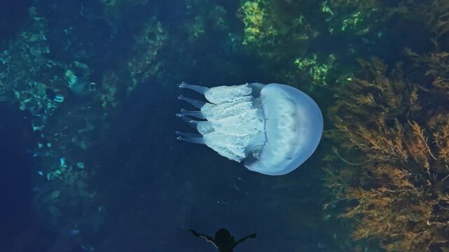 A translucent jellyfish floats above a reef in blue seawater, with rocks and patches of marine growth visible below the surface during daylight.