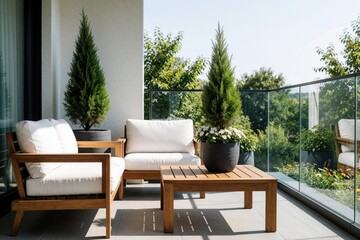 Naklejka premium Modern wooden balcony furniture with white cushions on sunny terrace. Stylish patio set includes lounge chairs, coffee table. Green cypress plants in dark pots decorate cozy outdoor space. Luxury