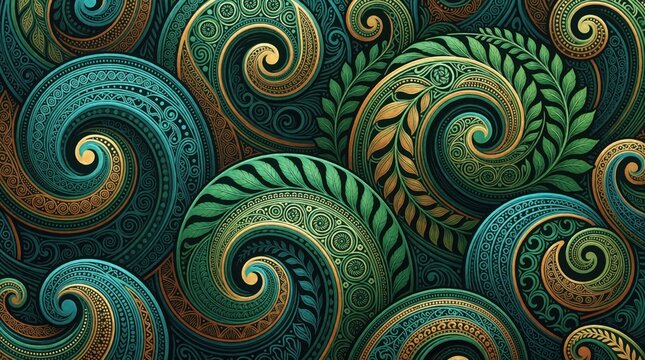Maori koru spiral pattern with emerald green fern fronds. Polynesian botanical seamless background features teal swirls, organic gold ornament. Indigenous New Zealand folk art design for textile
