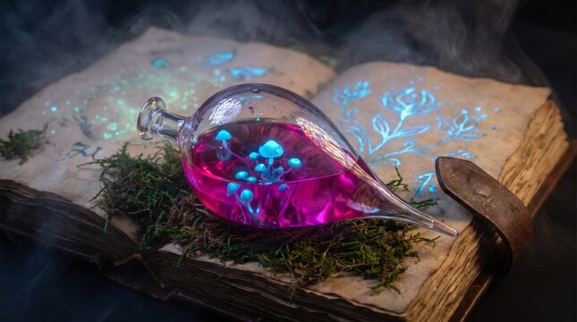 Glowing pink magic potion with glowing blue mushrooms in a teardrop bottle on an ancient spellbook, fantasy alchemy