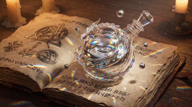 Clear glass magic potion bottle reflecting rainbow light on an ancient spellbook, fantasy alchemy
