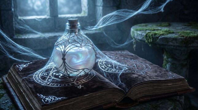Glowing white magic potion bottle covered in spiderwebs on an ancient spellbook, dark fantasy gothic alchemy
