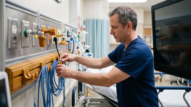 Physician organizes monitoring leads beside treatment bed