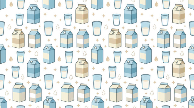 Seamless pattern of milk cartons and glasses, dairy product illustration